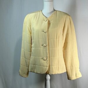 Puff Quilted Jacket Soft Pastel Yellow Button Front Collarless Womens